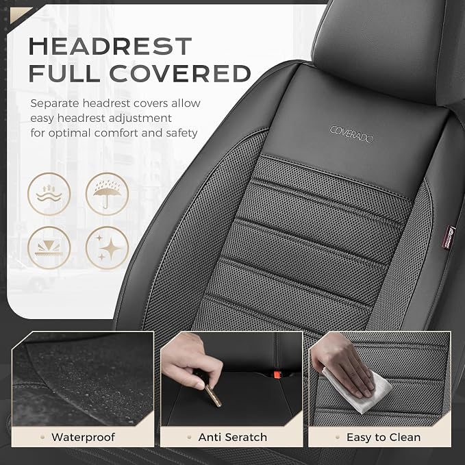 Coverado Car Seat Covers Front Seats Luxury Leather Automotive Mesh 2 Pack Airbag-Compatible Universal Fit Seat Protector Seat Cushion for SUV Sedan Truck Black