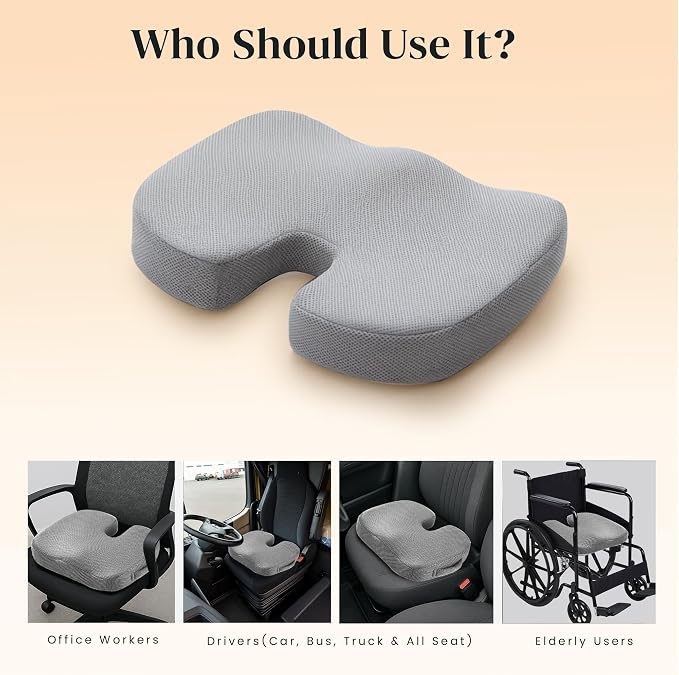 GRAND PITSTOP Memory Foam Seat Cushion for Office Chair Car & Home Orthopedic Tailbone & Sciatica Pain Relief Pad Ergonomic U-Shaped Design with Cooling Foam, Non Slip Base & Washable Cover