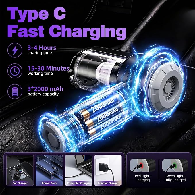 Wansimoo Handheld Car Vacuum Cleaner,25000PA Strong Cyclonic Suction Mini Vacuum Portable Cordless with Digital Display and One Touch Dust Removal for Car, Home, Office, Kitchen (Silver)