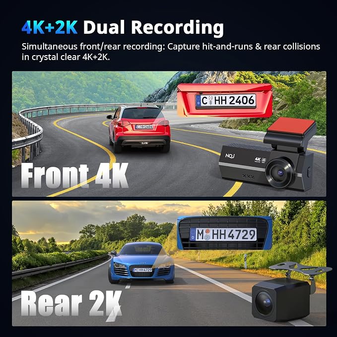 Dash Cams Front and Rear, NQJ 4K+2K Dual Dash Camera for Cars w 64GB Card, 5G Wi-Fi & App, G-Sensor, 3.2” Screen, 24H Parking Mode, 170°Wide Angle, Night Vision