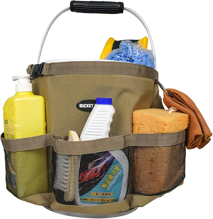 MELOTOUGH Car Wash Bucket Tool Organizer for Garden Tools Fit 3.5 to 5 Gallon Bucket (Khaki)