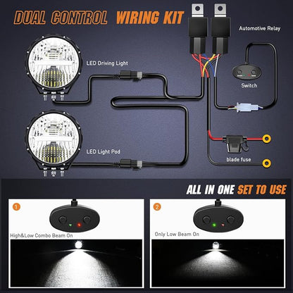 Nilight 9 Inch Round Offroad Light 2 PCS 120W High Low Beam IP68 LED Driving Lights Pods Built-in EMC with 14AWG DT Connector Wiring Harness Kit for Truck ATV UTV SUV