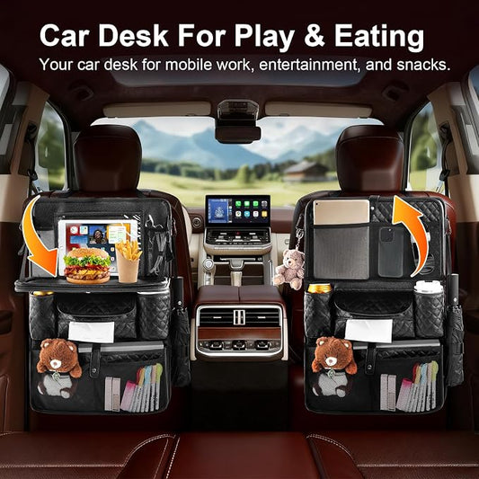 Car Backseat Organizers 2-Pack with Foldable Tray - PU Leather Back Seat Car Organizers with 11 Storage Pockets, Tablet Holders, Kick Mats Protectors for Kids Family Travel Essentials (Black)