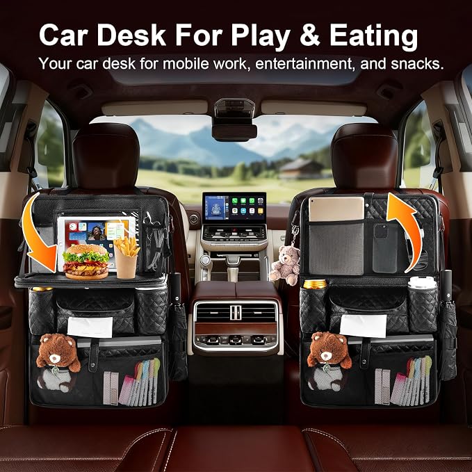 Car Seat Organizer with Foldable Table Tray - 11 Storage Pockets PU Leather Backseat Organizer with Tablet Holder, Seat Back Protector Kick Mat for Kids Family Road Trip Accessories (Black)