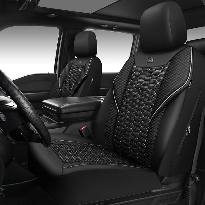 CAR PASS 3D Foam Mesh Leather Car Seat Covers Front Seats, Air Cool Mesh Front Seat Covers for Car, Universal Fit for SUV Truck Sedan Automotive, Armrest Airbag Compatible, Black and Gray