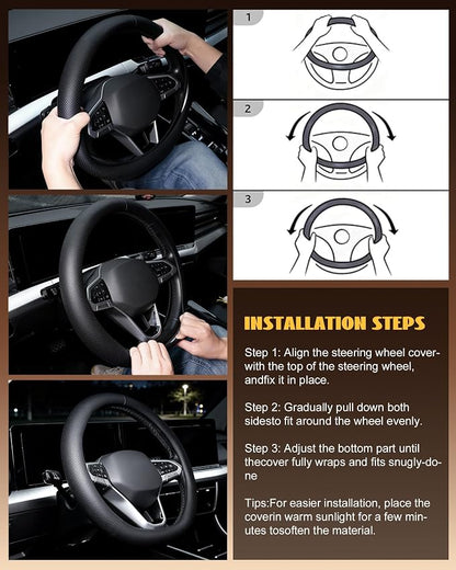 Leather Car Steering Wheel Cover, Premium Nappa Leather with Anti-Slip Lining, Universal 15 Inch, Fits SUVs, Vans, Sedans, Trucks