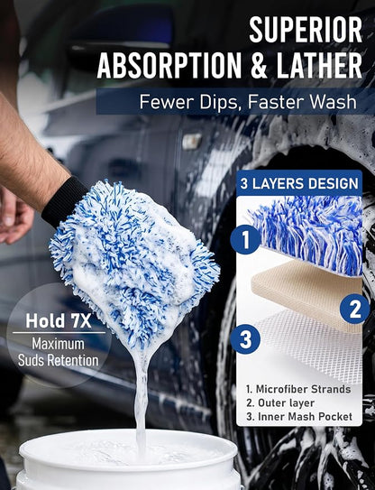 TAKAVU Car Wash Mitt Scratch Free, 2 Pack Microfiber Wash Mitts for Auto Detailing, Soft Lint Free Cleaning Gloves, Holds Sudsy Water, Machine Washable (Blue)