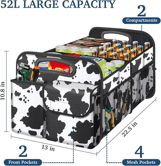 Femuar Car Trunk Organizer, Cow Print, Vintage Style, 52L Capacity, 4 Compartments, Waterproof, Non-Slip, Collapsible, 22.5"D x 18"W x 10.8"H