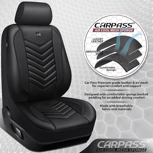 CAR PASS 3D Foam Mesh Leather Seat Covers Front Seats, Breathable Two Front Seat Cover for Cars, Comfortable Universal Fit for SUV Truck Sedan Automotive Anti-Slip Airbag Compatible, All Black