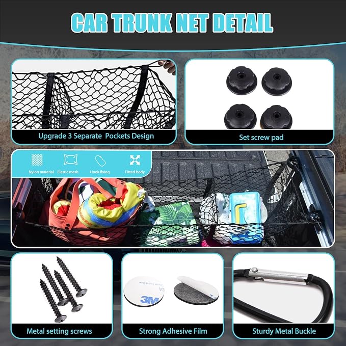 Cargo Net for Car, Expandable 3 Pocket Heavy-Duty Cargo Net Organizer, Black Mesh Storage Pocket with 4 Metal Carabiners Universal for Car, SUV, Pickup Truck, Van Trunk Bed- 47.2” x 11.8”