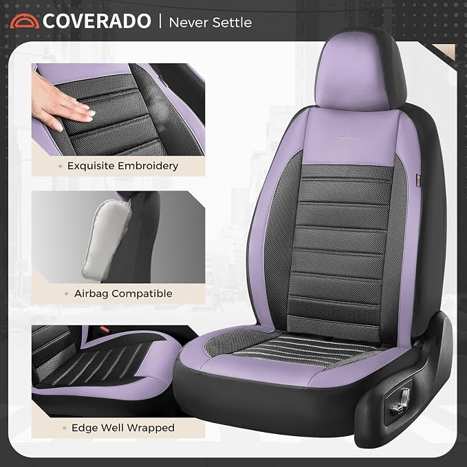 Coverado Car Seat Covers Full Set, Luxury Leather Car Seat Covers, Automotive Front and Rear Mesh Seat Covers, Full Set 5 Seats, Purple&Black Seat Covers for SUV Sedan Truck