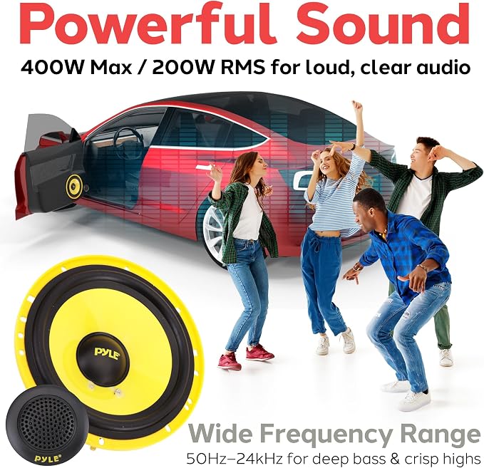 Pyle 2 Way Custom Component Speaker System-6.5” 400 Watt,with Electroplated Plastic Basket,Butyl Rubber Surround&40 Oz Magnet Structure-Wire Installation Hardware Set Included-PLG6C,Yellow (Pack of 4)