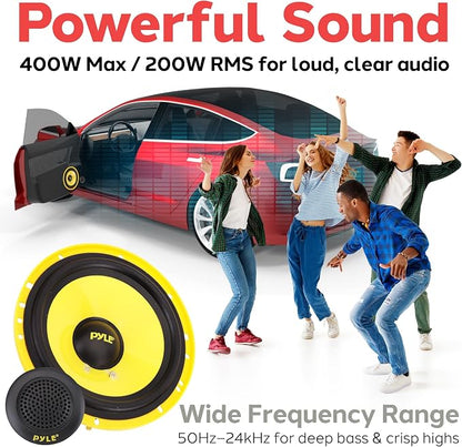 Pyle 2 Way Custom Component Speaker System-6.5” 400 Watt,with Electroplated Plastic Basket,Butyl Rubber Surround&40 Oz Magnet Structure-Wire Installation Hardware Set Included-PLG6C,Yellow (Pack of 4)