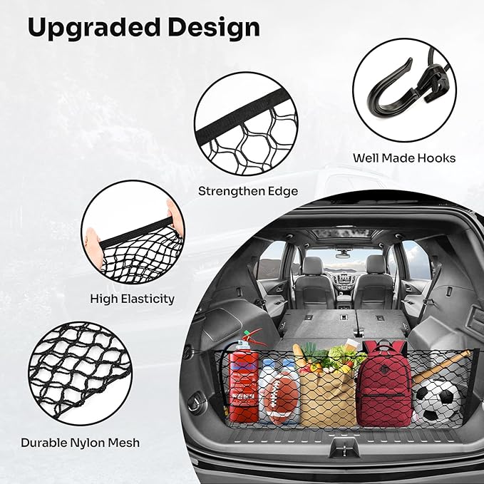 Canvcle Trunk Cargo Net for 2018-2025 2026 Chevy Equinox & GMC Terrain Accessories Envelope Style Mesh Trunk Net Organizer and Storage Stretchable Elastic Nylon Rear Cargo Netting with Hooks