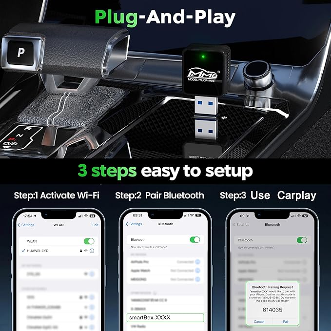 MMB Wireless Carplay Adapter for Apple iPhone, 2026 Upgrade Plug & Play, MINI-Ultra, Fastest for Converts OEM Wired to Wireless Car Play Only for Car Model 2016+ and iOS 10 USB & Type-C