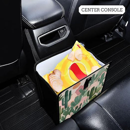 Car Trash Can Organizer Bin with Adjustable Strap for Back Front Seat Console Waterproof Leakproof Collapsible Portable 11 Inch Boho Cacti Mountains and Sun