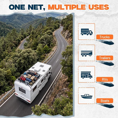 4' x 6' Cargo Net (Stretches to 8'x12') with 12 Metal Carabiners | 4" x 4" Mesh, Bungee Truck Bed Net, Large Items Organizer Accessory for Pickup Trucks, RVs, and Cargo Storage