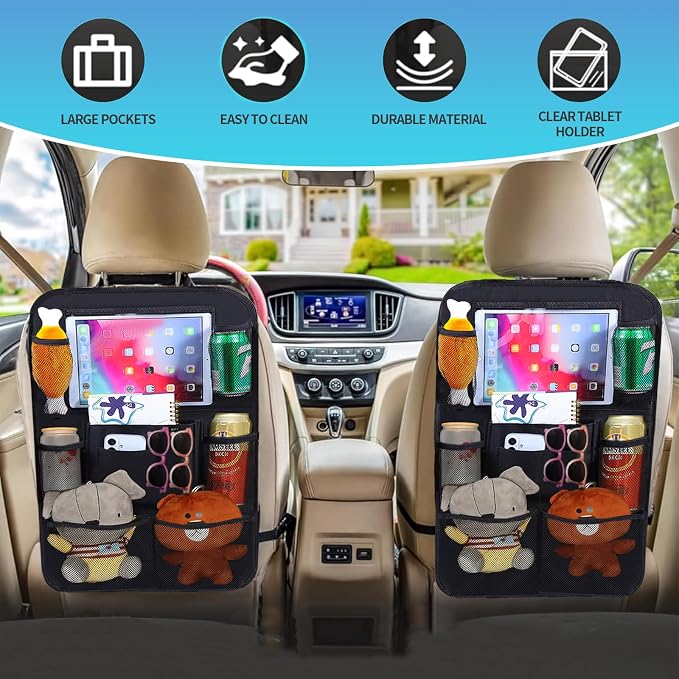 TCJJ Car Backseat Organizers with 10" Touch Screen Tablet Holder&9 Storage Pockets,Back Seat Organizer for Kids Waterproof Car Seat Organizer,Black/2 Pack