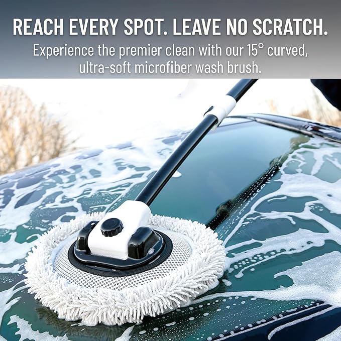 Car Wash Mop with Long Handle 15° Curved Extension Microfiber Scratch-Free Car Wash Brush with 1300GSM Thickened Drying Towel & Soft Bristle Tire Brush Complete Car Wash Kit (White & Grey)