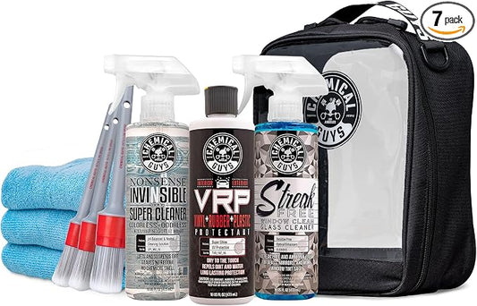 Chemical Guys All Surface Clean and Shine Kit with Storage Bag Interior Cleaner Glass Cleaner Dressing Microfiber Towels and Brushes Giftable Car Care Set