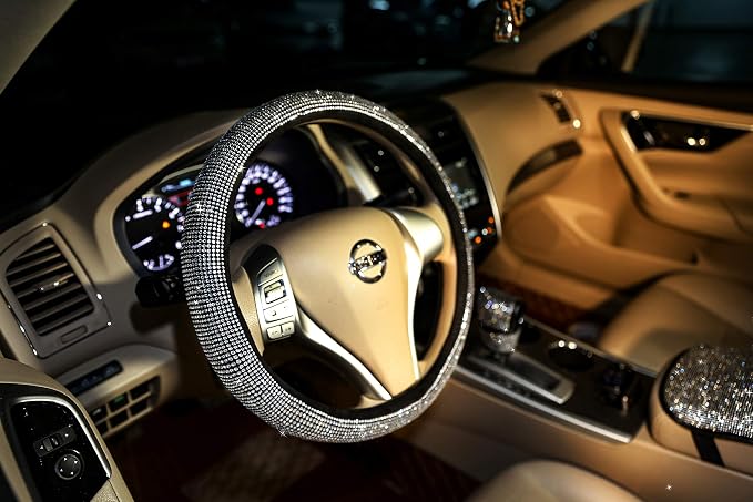 Bling Bling Women Steering Wheel Cover for car, 15 Inch Universal White Crystal Rhinestone Diamond Bling Accessories Anti-Slip Wheel Protector