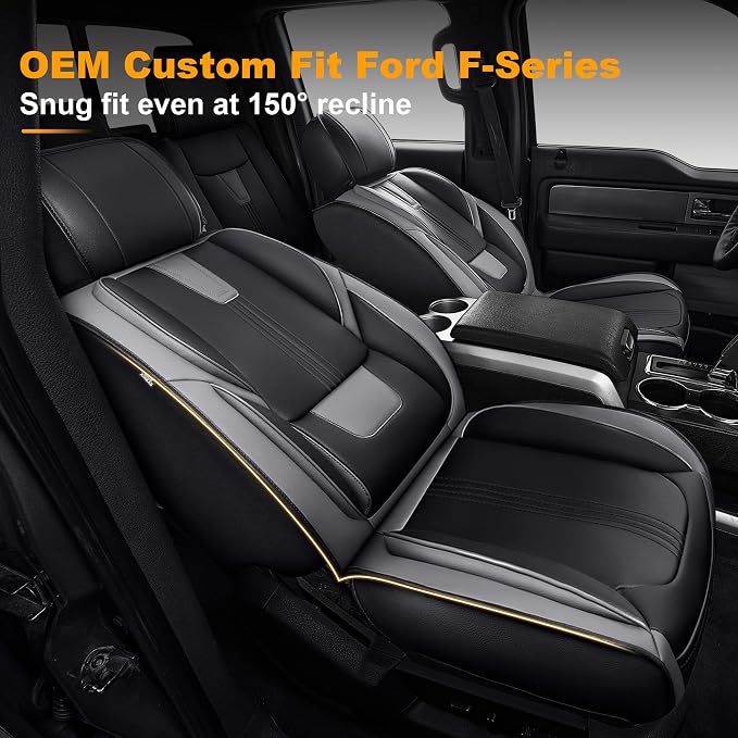 IKABEVEM for Ford F150 2009-2024 2025 2026 Seat Covers - F250 F350 F450 2017-2025 2026 Seat Protectors with Waterproof Leather(Full Set,Black & Grey)