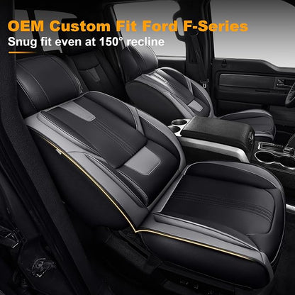 IKABEVEM for Ford F150 2009-2024 2025 2026 Seat Covers - F250 F350 F450 2017-2025 2026 Seat Protectors with Waterproof Leather(Full Set,Black & Grey)