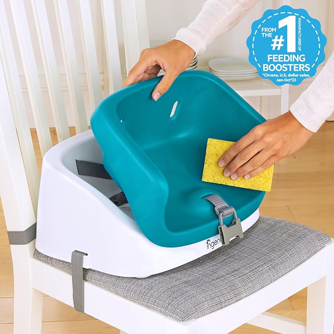 Ingenuity SmartClean Toddler Booster Seat for Dining Table with 3-Point Harness Straps, Peacock Blue