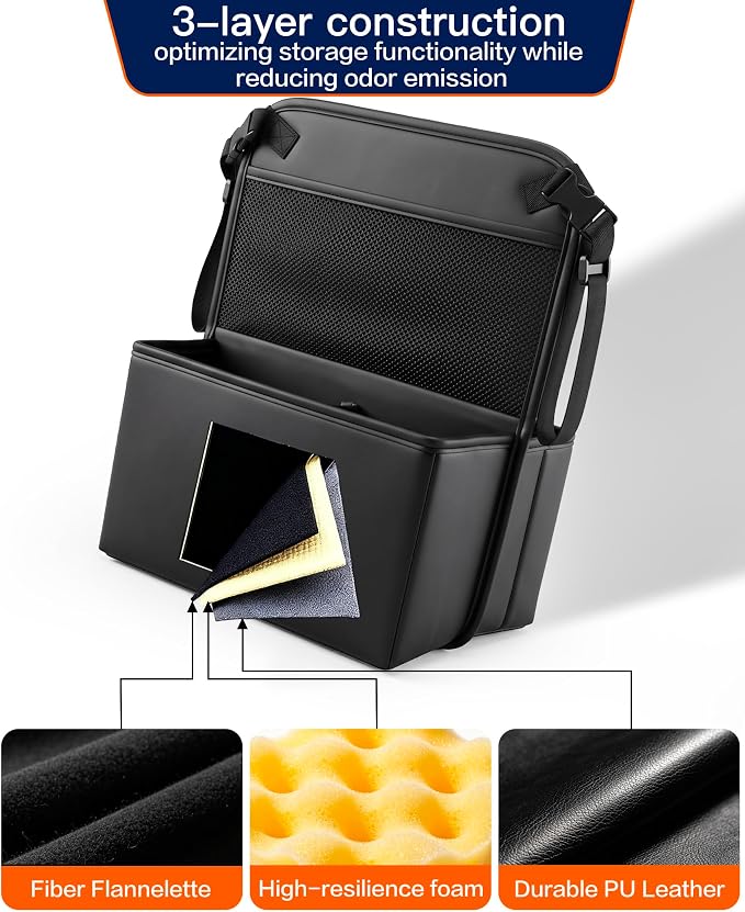 Divided Car Purse Holder Between Seats, PU Leather Front Seat Storage Bag with Backseat Tissue Holder & Tablet Pocket, Car Handbag Organizer for Small Wallet & Water Bottle, Automotive Accessories