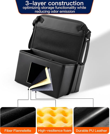 Divided Car Purse Holder Between Seats, PU Leather Front Seat Storage Bag with Backseat Tissue Holder & Tablet Pocket, Car Handbag Organizer for Small Wallet & Water Bottle, Automotive Accessories