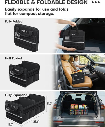 HOTOR Tactical Car Trunk Organizer - Foldable Trunk Organizer for SUV with Front MOLLE Pocket & Reflective Strips, Essential Car Accessories for Tools & Outdoor Storage, 15.0" x 23.6" x 11.0", Black