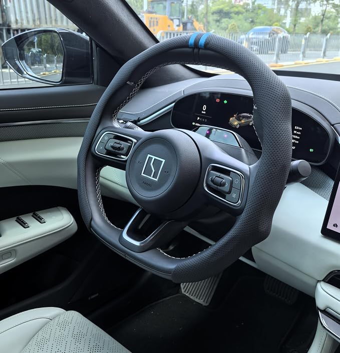 Quick Install Sporty Perforated Nappa Leather Steering Wheel Cover with Blue Top Stripes Universal fit 14 ½ to 15 inches Car SUV Pickup Steering Wheel