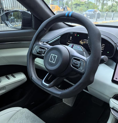 Quick Install Sporty Perforated Nappa Leather Steering Wheel Cover with Blue Top Stripes Universal fit 14 ½ to 15 inches Car SUV Pickup Steering Wheel