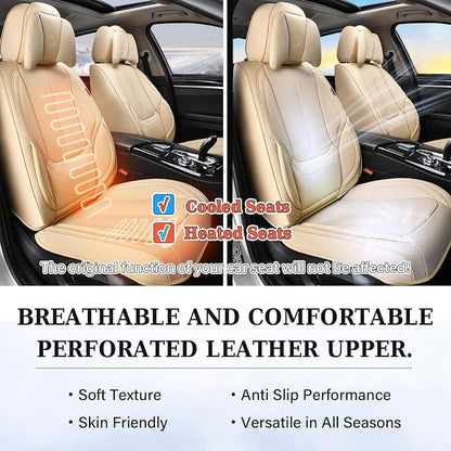 Coverado Universal Seat Covers Front, 2-Pack Universal Seat Covers for Cars, Waterproof Nappa Leather Car Seat Covers with Head Pillow, Auto Protectors Fit for Most Sedans SUV Pick-up Truck-Beige