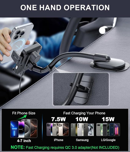 MOKPR Wireless Car Charger, Adjustable Gooseneck Car Mount Auto-Clamping Car Charger, Dashboard [with Anti Shake stabilizer] Phone Holder fit for iPhone 17 16 15 14 13 12, Samsung S24 S23 S22, etc