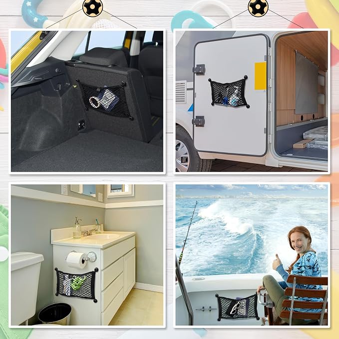 Frienda 4 Pcs Stretchable Small Cargo Net Pocket Boat Storage Mesh Net Elastic Automotive Storage Pouch with Mounting Screws and Hooks for Truck Car SUV Boats (21 x 9.8 Inches)