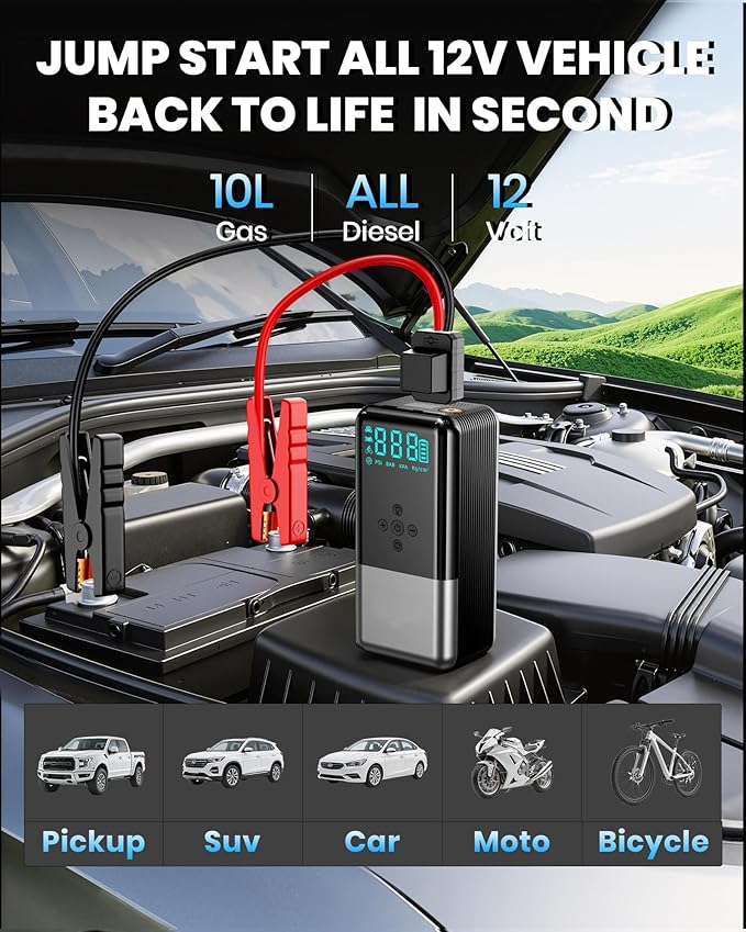 Jump Starter with Air Compressor 8000A 160PSI Battery Jumper Starter(10L Gas/All Diesel) Jump Box Car Battery with Auto-Shutoff Tire Inflator, Jumper Cables and Flashlight