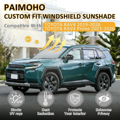 Thickened Windshield Sun Shade for 2019-2026 Toyota RAV4/RAV4 Prime | Accordion Front Window Sunshade Aluminum Reflective UV Protection Shield, Foldable Sun Visor with Storage Bag Car Accessories