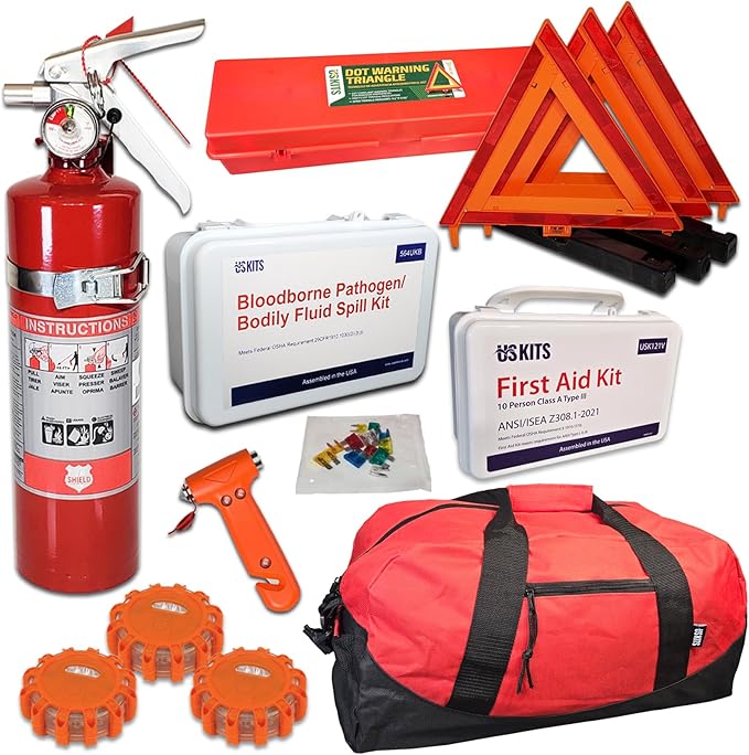 DOT Compliant NEMT Kit for Buses, Vans, Taxi Cabs, Rideshare Vehicles and Shuttles is Perfect for Keeping Drivers and Passengers Safe and with a Spill kit and 3 LED Flares.