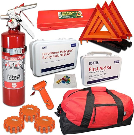 DOT Compliant NEMT Kit for Buses, Vans, Taxi Cabs, Rideshare Vehicles and Shuttles is Perfect for Keeping Drivers and Passengers Safe and with a Spill kit and 3 LED Flares.