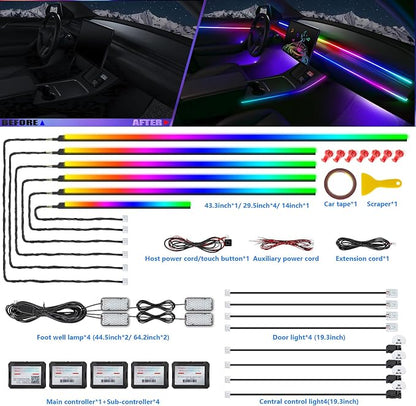 Dreamcolor Acrylic Interior Car LED Strip Light with Wireless APP, RGB 18 in 1 with 175 inches 600 LEDs Fiber Optic Car Ambient Lighting Kits, Music Sync Function Neon LED Strip for Car Accessories