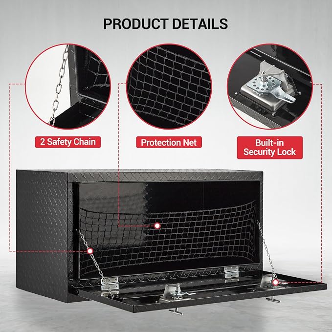 GarveeTech Underbody Truck Box,36 in Pickup Storage Box,Heavy Duty Aluminum Diamond Plate Tool Boxes with Lock and Keys,Waterproof Trailer Storage Box with T-Handle Latch for Truck,Van,Trailer，Black