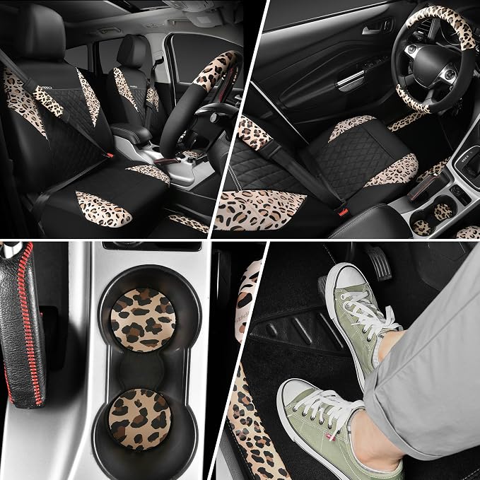 CAR PASS Leopard Print Faux Leather Car Seat Covers & Leopard Car Mats&Leopard Steering Wheel Cover Seat Belt Pad Universal Car Accessories for SUV,Van,Saden,Truck Automobile Interior Sets