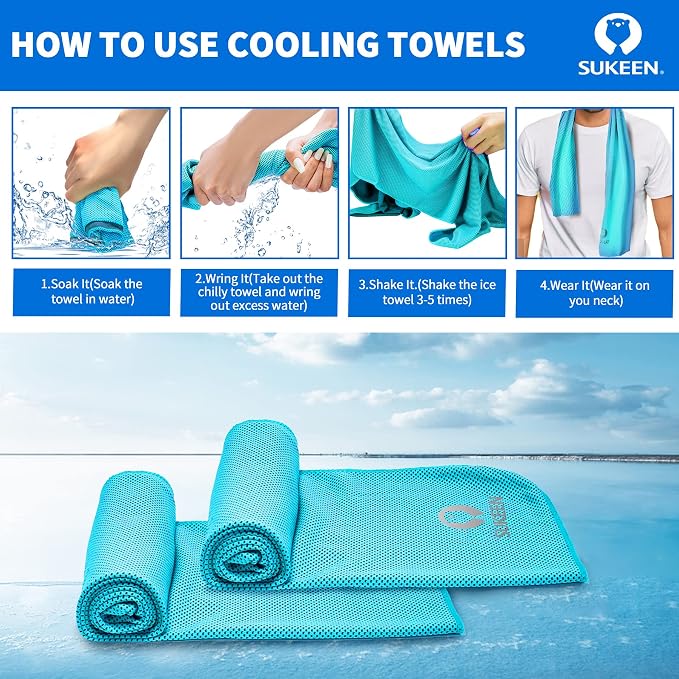 Sukeen Cooling Towels for Neck and Face, 4 Pack Cooling Towels for hot Weather (40"x12"), Cooling Rags for Yoga, Sport, Running, Workout,Gym, Camping, Fitness, Workout & More Activities