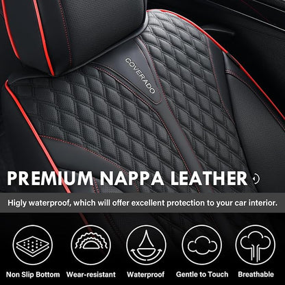 Coverado Car Seat Covers Full Set, Nappa Leather Seat Covers for Cars, Waterproof Front Seat Covers and Back Seat Covers, Car Seat Protector, Car Seat Cover Universal Fit for Most Cars, Black&Red