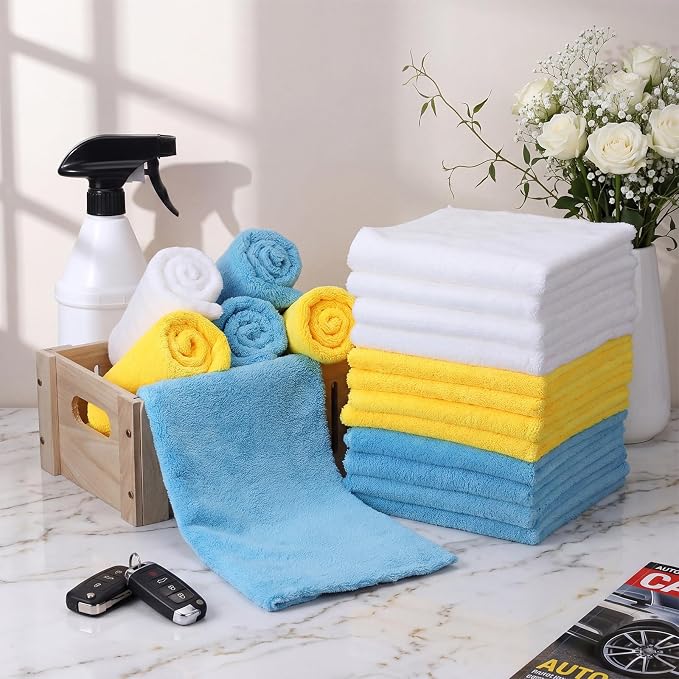 Shimeyao 30 Pcs 16 x 16 Inch edgeless Microfiber Plush Towels for Cars Detailing Drying Wash Polishing Absorbent Cleaning Cloths, 500 GSM (Light Blue, White, Yellow)