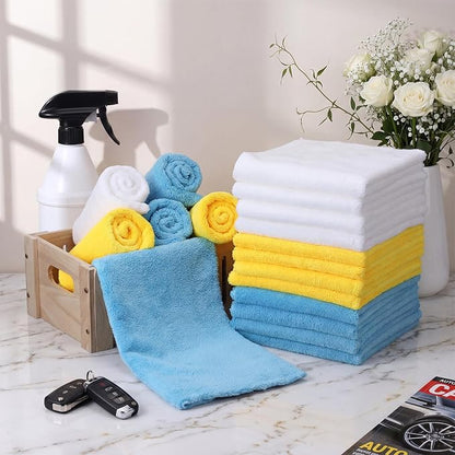 Shimeyao 30 Pcs 16 x 16 Inch edgeless Microfiber Plush Towels for Cars Detailing Drying Wash Polishing Absorbent Cleaning Cloths, 500 GSM (Light Blue, White, Yellow)