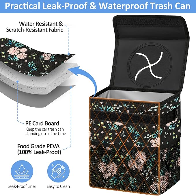 ELONGRIVER Car Trash Can Bin for Back Seat Leak Proof, Cute Car Trash Bag Hanging, Vehicle Trash Can for SUV Truck Van, Automotive Garbage Cans Front Seat Colorful Floral, 2 Gallons