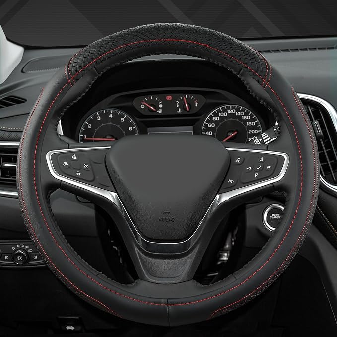 West Llama Customized Auto Car Steering Wheel Cover for Chevy 14.5-15 inches, Steering Wheel Cover for Chevrolet (Black+Red - Standard Size)