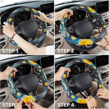 GENANY Starry Night Art Steering Wheel Cover, Non Slip Polyester Car Wheel Protector for Car SUV Truck, Universal 15 Inch